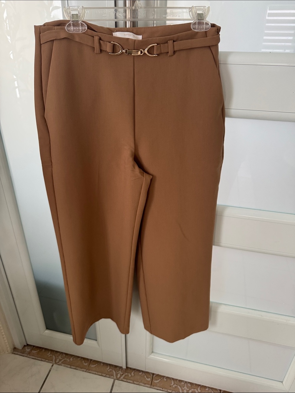 Mango Wide-Leg Cropped Pants with Gold Buckle - Brown